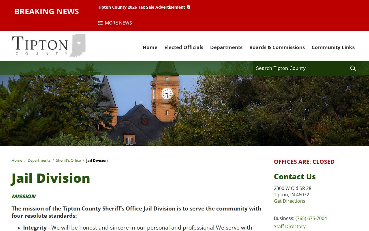 Tipton County Jail Division page explaining booking and custody functions