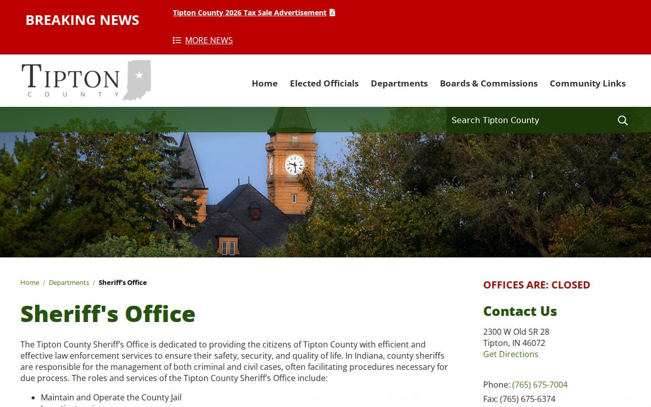 Official Tipton County Sheriff webpage with agency contact information