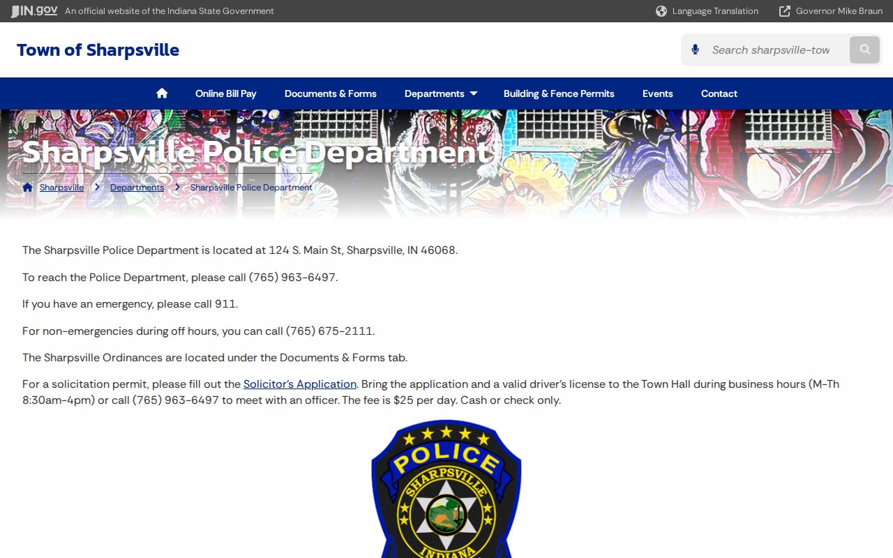Official Sharpsville Police Department page showing police and emergency contact routes