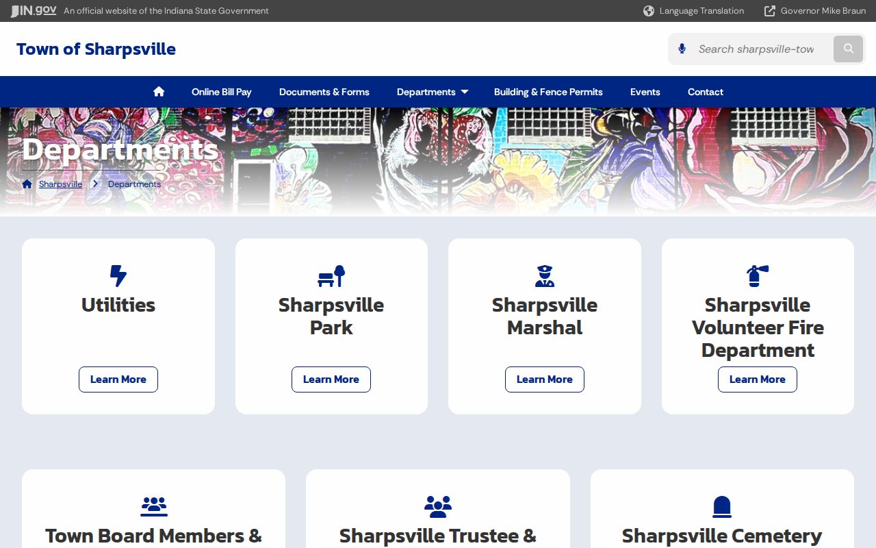 Official Sharpsville departments directory showing town departments and marshal information