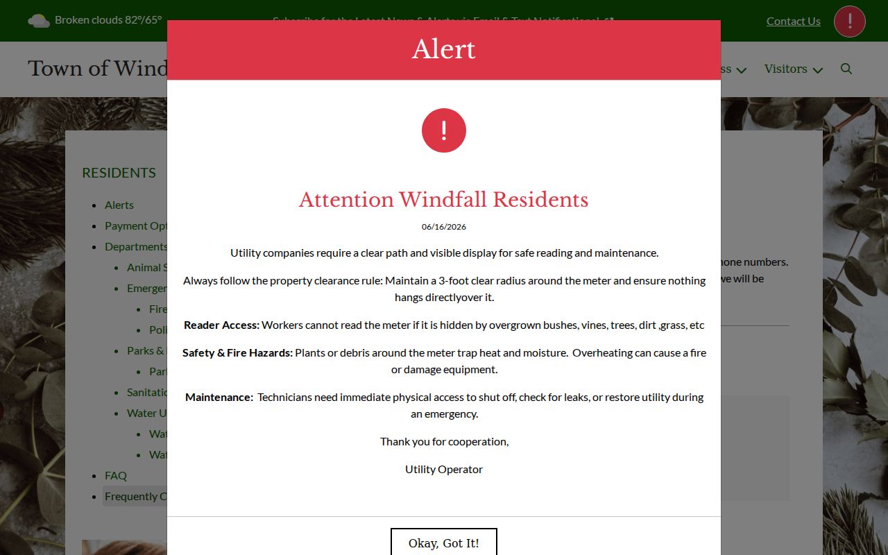 Official Windfall frequently called numbers page with Town Hall and police routes