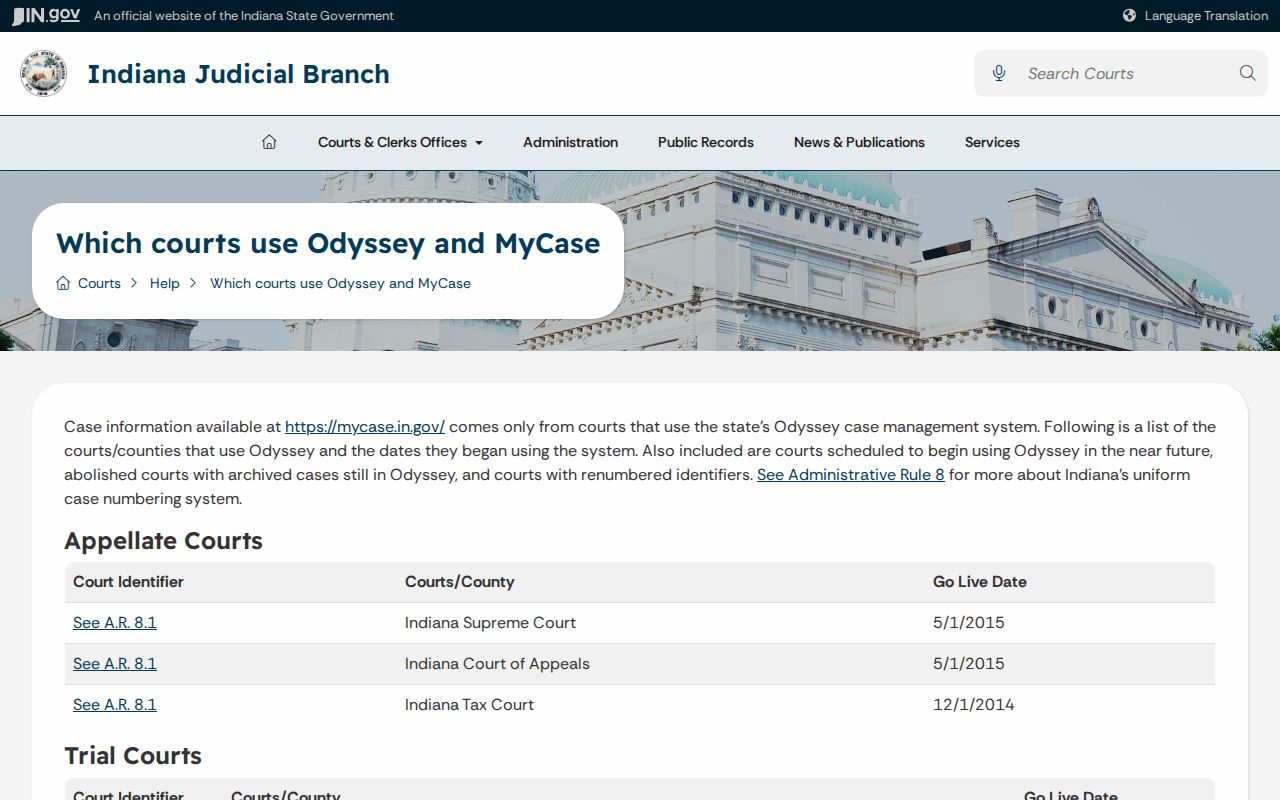Indiana Odyssey court list showing current and historical Tipton County court identifiers